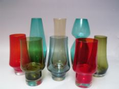 A GROUP OF EIGHT MAINLY FINNISH RIIHIMAKI STUDIO / ART GLASS VASES, varying shapes and colours, to