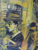 (XX). Modernist street scene with figures, indistinctly signed lower right, mixed media on paper,