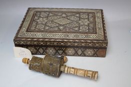AN EASTERN INLAID RECTANGULAR BOX, W 29.5 cm, together with an Eastern prayer bell (2)