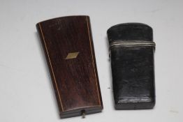 A ROSEWOOD ETUI CASE, together with a leather covered example, H 11 cm