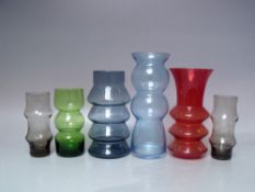 A COLLECTION OF SIX HOOPED STUDIO / ART GLASS VASES, varying styles and colours, makers possibly
