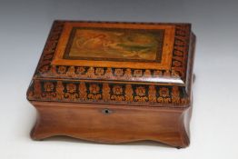 A PENWORK WORKBOX WITH PAINTED TOP, W 26 cm