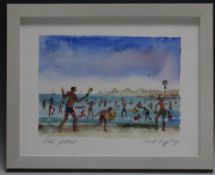 PHIL GEORGE (b.1960). Beach scene with numerous figures, signed in pencil lower left, watercolour,