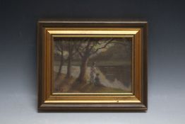A WOODED RIVER SCENE WITH TWO YOUNG LADIES, indistinctly signed and dated lower left, oil on