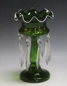 A SMALL GREEN GLASS LUSTRE, H 21 cm