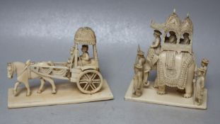 AN EASTERN CARVED IVORY ELEPHANT WITH SEDAN SEAT AND FIGURES, H 10 cm, W 8.5 cm, together with a