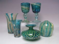 A COLLECTION OF MDINA BLUE STUDIO GLASS, comprising four various style vases and two goblets, some