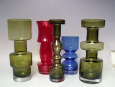 A GROUP OF FIVE MAINLY FINNISH RIIHIMAKI STUDIO / ART GLASS VASES, varying shapes and colours, to