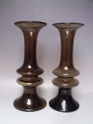 A PAIR OF TALL SWEDISH RIIHIMAKI STYLE SMOKE GLASS HOOPED VASES, H 34 cm (2)