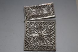A WHITE METAL FILIGREE CARD CASE, probably silver, approx weight 44.8g, H 10 cm