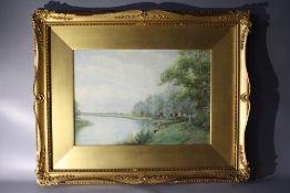 THOMAS MACKAY (1851-1909). Wooded river landscape with fishermen, signed lower right, watercolour,