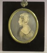 (XIX). Oval portrait miniature of Mrs Avaro, see verso, unsigned, watercolour on paper, framed and