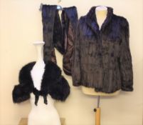 A VINTAGE FOX FUR AND BLACK VELVET SHRUG / CAPE, fully lined, together with another vintage real fur