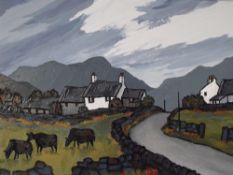 DAVID BARNES (XX-XXI). Welsh school, impressionist mountainous landscape with cottages and cattle by