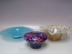 A BLUE CLOUDY MOTTLED GLASS POSY BOWL BY NAZEING GLASS, Dia. 30 cm, together with a decorative