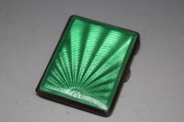 A HALLMARKED SILVER AND GREEN GUILLOCHE ENAMEL CIGARETTE CASE BY T&S - BIRMINGHAM 1938, H 8.5 cm