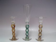 A PAIR OF MODERN STUDIO / ART GLASS CANDLESTICKS, engraved AM 2003, together with a similar style
