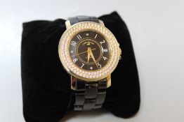 AN ANDRE BELFORT JEWEL ENCRUSTED WRISTWATCH, with black metallic bracelet, no box