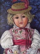 MINNIE WILLS (XX). Study of a child's doll with straw hat, with a decorative background, 'Cynthia'