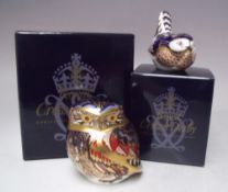 A ROYAL CROWN DERBY 'OWL' PAPERWEIGHT, together with a Derby Wren, both gold stoppers and boxed (2)