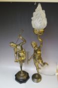 A NEAR PAIR OF NEO-CLASSICAL BRASS FIGURATIVE FEMALE STATUES, the larger figure formed with the