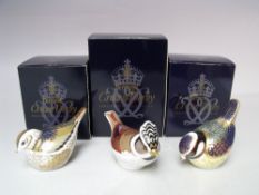 THREE BOXED ROYAL CROWN DERBY BIRDS PAPERWEIGHTS, comprising 'Bluetit', 'Firecrest' and 'Crested