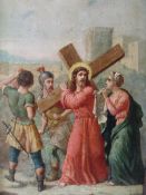 (XIX). Study of one of the Stations of the Cross. wooden frame with carving to the top, unsigned,