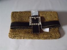 A MICHAEL KORS RAFFIA FOLD OVER CLUTCH BAG, basket weave effect, black leather band to top edge with