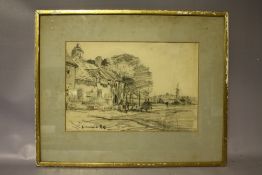 SCHOOL OF JOHN CONSTABLE (1776-1837). Coastal village scene with moored sailing vessels, horses,