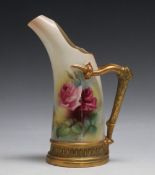 A ROYAL WORCESTER ROSES JUG, with naturalistic gilded handle, H 19.5 cm