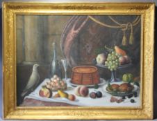 (XIX-XX). Still life study of various items on a marble table to include fruit, poultry and wine
