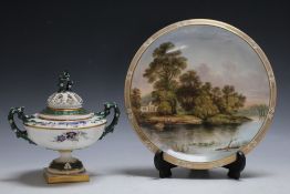 A ROYAL WORCESTER TWIN HANDLED POT POURRI URN, W 16 cm, together with a hand painted davenport