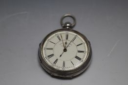 A SILVER HALLMARKED OPEN FACED CHRONOGRAPH POCKET WATCH - CHESTER 1889. Dia 6 cm