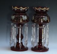 A PAIR OF RUBY GLASS LUSTRES, H 36.5 cm