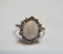 A HALLMARKED 18 CT WHITE GOLD OPAL AND DIAMOND RING, approx weight 3.3g, ring size M