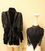 A LADIES VICTORIAN VELVET BODICE OVERLAY, with profuse jet bead embellishment and fringing to mesh