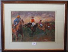 RONALD OLLEY (b.1900). Impressionist horse racing scene 'The Last Fence', see verso, signed lower