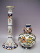 A 20TH CENTURY FRENCH FAIENCE POTTERY CANDLESTICK, H 37 cm, together with a Poly Delft double
