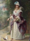 THOMAS BROOKS (1818-1891). Garden scene with elegant young woman feeding pigeons, 'The Pets' see
