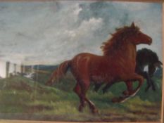 (XIX-XX). Stormy moorland scene with horses. signed lower left, oil on board, framed and glazed,