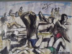 FAT BOY (XX). English school, impressionist beach scene with figures, signed lower right, mixed