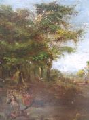 (XVIII-XIX). British school, rural wooded landscape with cottage and figure playing a stringed