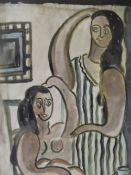 F.L. Modernist interior scene with two women, one semi-nude, signed with initials and dated 1929