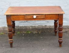 A VICTORIAN PINE SCRUB TOP KITCHEN TABLE, with single frieze drawer, raised on turned supports, H 72