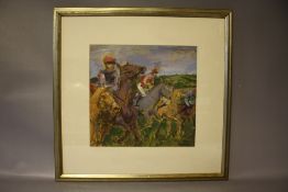 RONALD OLLEY. British school, impressionist horse racing scene 'The Start', see verso, signed and