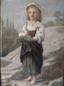 G. POMAREL (XIX-XX). French school, wooded rocky landscape with young girl and white kitten,