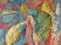 (XX). Abstract composition, unsigned oil and fabric collage on canvas, framed, 56 x 67 cm