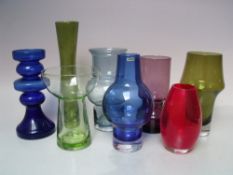 A GROUP OF EIGHT MAINLY FINNISH RIIHIMAKI STUDIO / ART GLASS VASES, varying shapes and colours, to