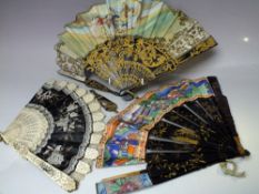 AN ANTIQUE BONE / IVORY AND BLACK SILK FOLDING FAN FOR RESTORATION, with lace and painted