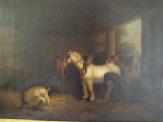 (XIX). English school, stable interior with horses and figures, unsigned, oil on canvas, framed,